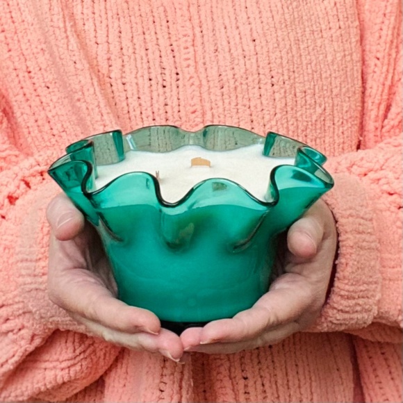 Teal Blue Hand Blown Art Glass Hand Poured Scented Soy Candle - Picture 1 of 7